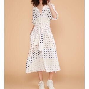 Lou & Grey White Multi Color Polka Dot Waist Tie Midi Dress Size S